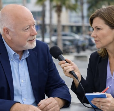 A female news reporter in a blazer holding a microphone while interviewing Scott Randy Gerber