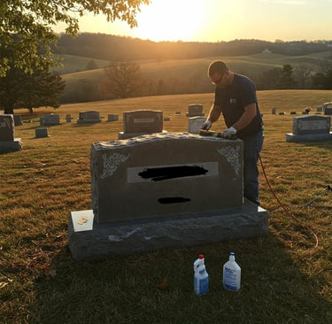 Photo of headstone cleaning in Northwest Arkansas by Turnover Fix & Shine.