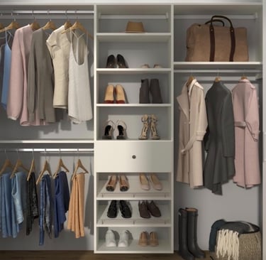 a closet with clothes and shoes