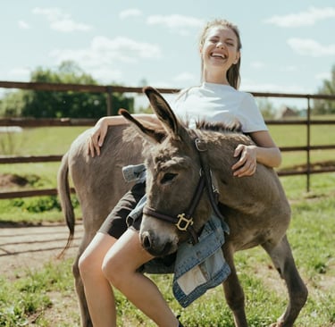 a woman in a white shirt is holding a donkey