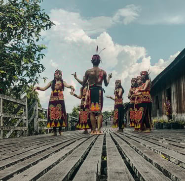 a group of people in traditional dress dancing in a village