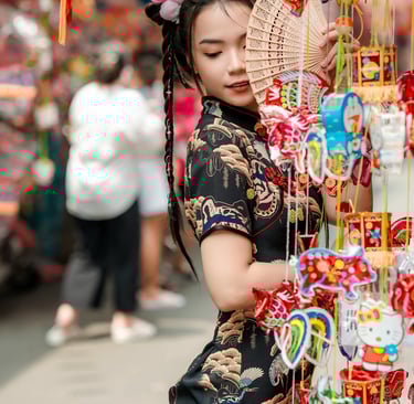a woman in a traditional chinese dress and a fan