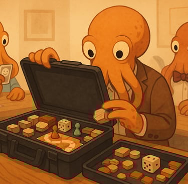 a man in a suit case with a box of dicers