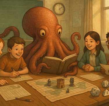 a group of people sitting around a table with a octopus