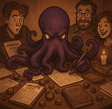a cartoon octopus octopus in a table with people