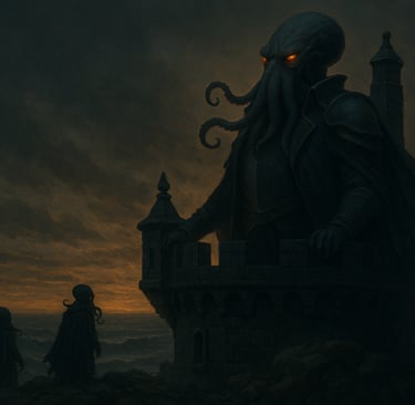a man in a dark suit and a giant squid