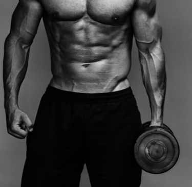 a man with a muscular body and a dumbbleach