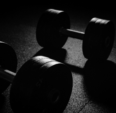 a pair of dumb dumbblebells on a gym floor