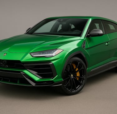 a green lamb lamb suv parked in a garage