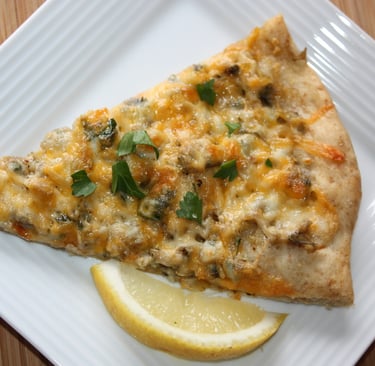 slice of cheesy clam pizza