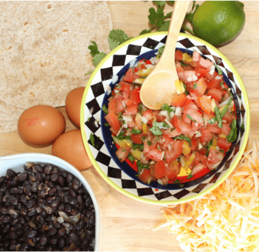 pico de gallo, cilantro, limes, beans, eggs, tortillas