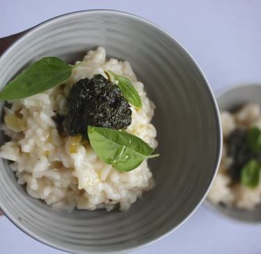 white risotto with basil pesto