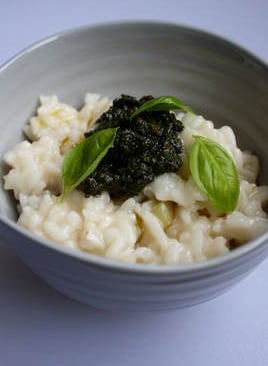 white risotto with basil pesto