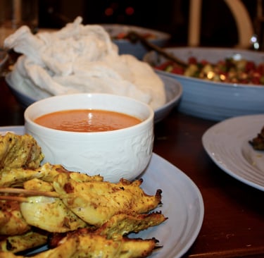 chicken satays with peanut sauce and sticky rice