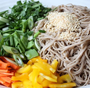 ingredients and noodles for Potluck Soba Salad