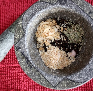 ingredients for Father;s Day steak rub in a mortar and pestle