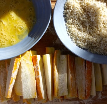 zucchini breading station with egg, panko and zucchini