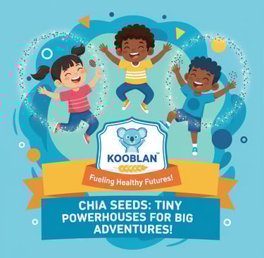 A diverse group of smiling children enjoying Kooblan bars, surrounded by animated "superhero" chia s
