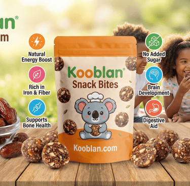 Kooblan Bars packaging sample using Dates as main source of sweetner, much healthier option than other types of sugar