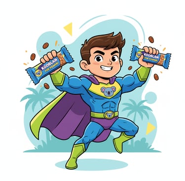 A strong cartoon superhero kid holding Kooblan snack bars, surrounded by vibrant colors to illustrat
