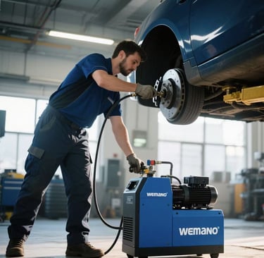 technician using screw air compressor during car repair in workshop