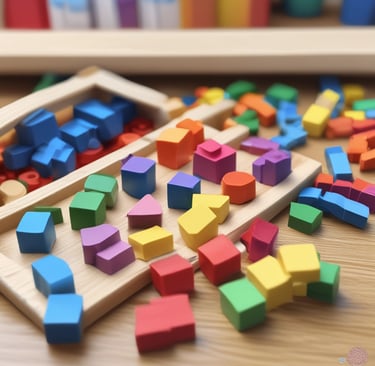 A child wearing a green shirt is sitting at a table, interacting with a tactile toy. The toy consists of a wooden board with several blue circular frames containing different textured materials like fabric and sandpaper. The child is focused on touching these textures.