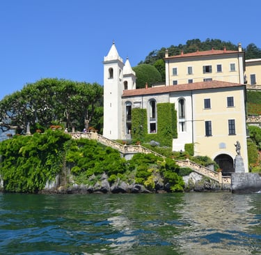 Villa del Balbianello on Lake Como, historic villa with lush gardens and panoramic lake views.
