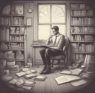 A stack of various books is neatly piled on a dark background. The titles of the books focus on topics such as business, personal development, leadership, and psychology. In front of the stack lies a wooden board with a letter 'R' engraved on it.