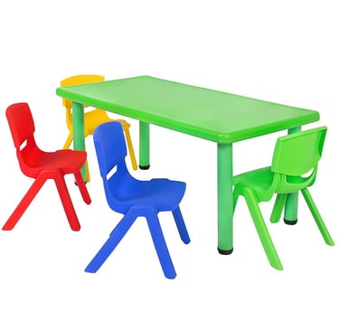 a table with a colorful plastic table top