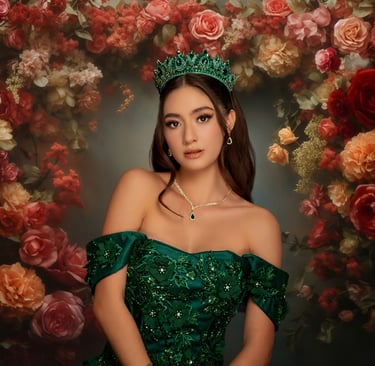 Foto de estudio para quince años con fondo minimalista y edición profesional.