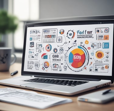 An abstract, pastel-colored, 3D-rendered representation of data analysis and search engine optimization (SEO). The image features a computer interface with various analytics symbols, including a magnifying glass, bar charts, pie charts, and a search bar with the text 'SEO'. Surrounding the interface are different objects such as a potted plant, a cup with a saucer, and a megaphone, all placed on a light green background.