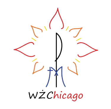 WŻ Chicago religious logo featuring a stylized sun, cross, and the letters M and P.