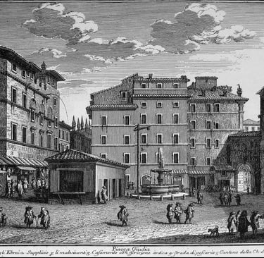 Piazza Giudia, showing the gate of the ghetto (middle right), the police post and the gallows; 