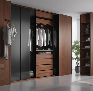 An interior setting with wooden walls and beams, displaying a rustic and cozy atmosphere. There is a wooden shelf holding various items including a lantern, a bottle, and a decorative object. A wooden bed with cushions is visible, along with a hanging fabric organizer featuring a rope design.