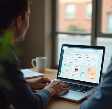 A digital workspace featuring a laptop with an open screen displaying AI-driven tools.