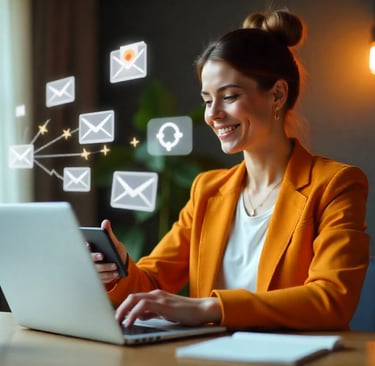 A lady juggling multiple digital devices, such as a laptop, smartphone, and tablet.