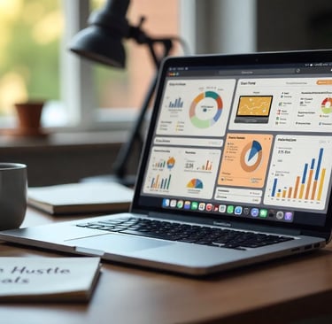 A modern, vibrant digital workspace showing a laptop with multiple CRM dashboards