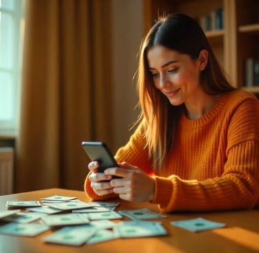 a young women sitting on a chair in a modern house, where she is holding a phone and opening an app
