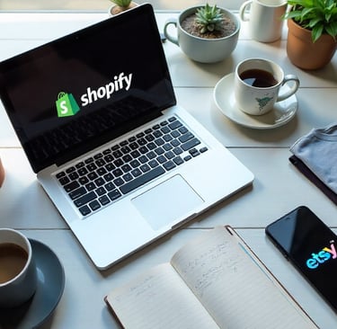 flat lay of-e-commerce tools for dropshipping including a laptop with shopify and etsy logos