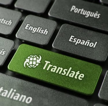 Close-up of a computer keyboard with a green translate button and language options.