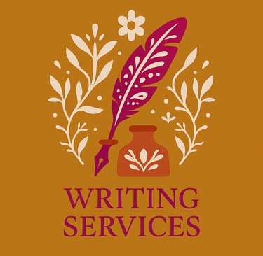 Stylized writing services logo featuring a purple quill pen and inkwell with botanical illustrations.