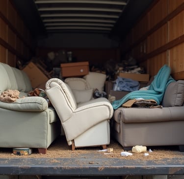 canada's most wanted movers truck with junk couches and chairs in the back of the truck