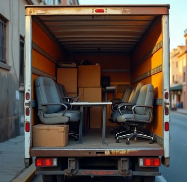 Canadas most wanted movers moving truck packed with a desk and chairs from a commercial office move