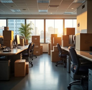 a packed office space with a desk and boxes of boxes