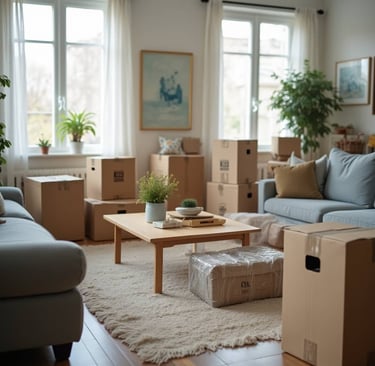 a living room with boxes of boxes of boxes on the floor packed by canada's most wanted movers