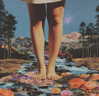 Barefoot woman grounding in nature. 