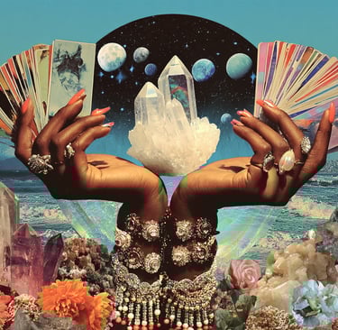 Hands holding oracle cards and a crystal