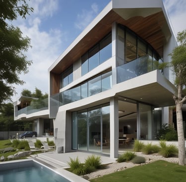 A suburban house with a brick facade and double garage doors. The roof is dark, and there are several bare trees and green bushes surrounding the property. A for sale sign is visible on the front lawn.