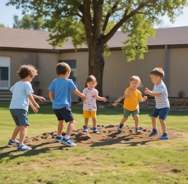 A large group of students in uniform stands in a circular formation on a grassy clearing, surrounded by lush greenery and trees. In the background, there are rustic structures, including a thatched hut and a simple building with a corrugated metal roof. A playground swing set is visible on one side.