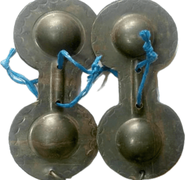two bells on a metal bellows with blue rope